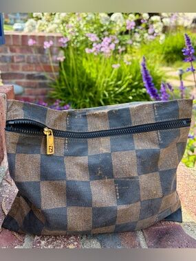 Auth Fendi Roma Monogram Zip Top Cosmetics Pouch Clutch